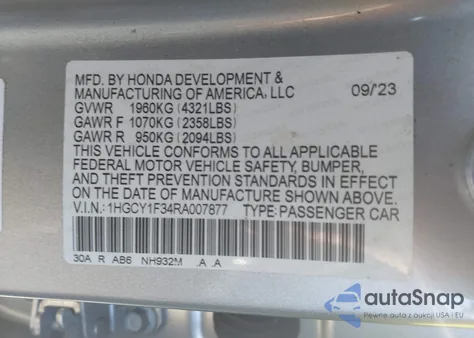 2024 Honda Accord Ex из США, поврежденный, VIN 1HGCY1F34RA007877